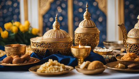 Close up of a table setting with ornate golden bowls, cups, and a teapot.の写真素材