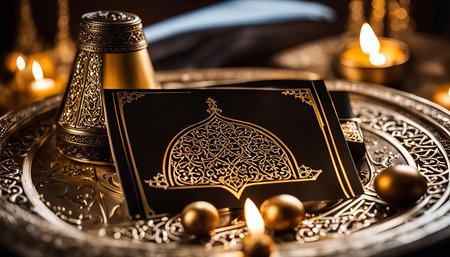 Close up of a Quran book decorated with gold, on a traditional tray with lit candles. This image evokes a sense of faith, spirituality, and traditional Islamic culture.の写真素材