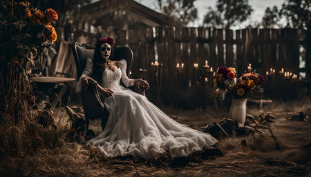 A woman dressed as a bride for the Day of the Dead, with a skull makeup and wearing a long white dress, sitting in a chair, surrounded by flowers and candles.の写真素材