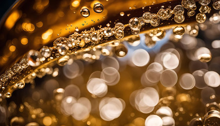 Close-up macro photography of golden bubbles with blurred bokeh in the background, capturing the beauty of light and reflection.の写真素材