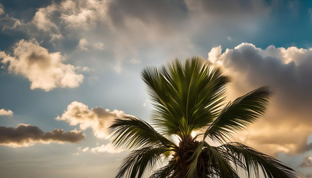 A silhouette of a palm tree with lush green leaves against a backdrop of fluffy white and gray clouds in a vibrant blue sky. The image captures the beauty of tropical landscapes and the tranquil atmosphere of a sunny day.の写真素材