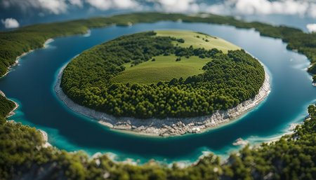 An aerial view of a circular lake with a lush green island in the center. The sky is blue and clear, and the water is a deep blue.の写真素材
