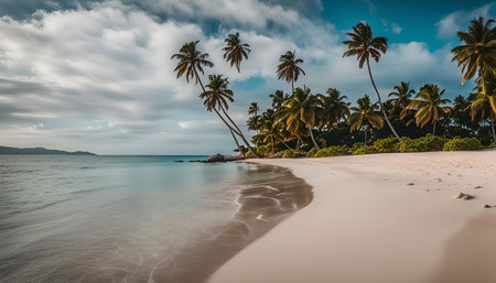A breathtaking view of a tropical beach with pristine white sand, turquoise waters, and swaying palm trees. The image evokes a sense of tranquility and paradise, inviting viewers to escape to a serene tropical destination.の写真素材