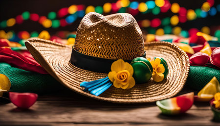 A straw hat adorned with colorful decorations, symbolizing the vibrant atmosphere of a Brazilian Festa Junina celebration, filled with joy and festive spirit.の写真素材
