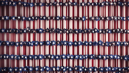 A close-up view of an American flag pattern with red and white stripes and blue stars.の写真素材