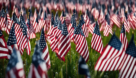 A field full of American flags waving in the wind, showing patriotism and national pride.の写真素材