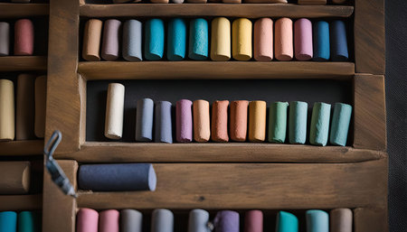 A close-up shot of a wooden case filled with various shades of pastel sticks. The sticks are neatly organized in rows, showing the vibrant and rich colors.の写真素材