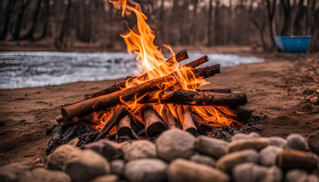 A close-up image of a campfire burning on a sandy beach by the edge of a river. The flames are...
