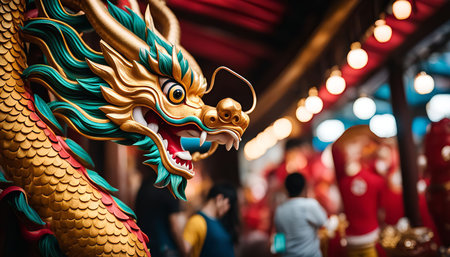 A golden dragon statue in a temple, showing intricate detail and a powerful presence.の写真素材