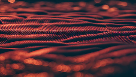 Close-up macro photo of abstract red fabric texture, with a blurred background.の写真素材