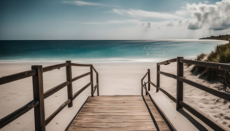 A wooden pathway leads to a pristine beach with blue water and white sand under a sunny sky.の写真素材