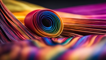 A vibrant close-up of colorful ribbons arranged in a rainbow pattern, creating a visually stunning and artistic abstract design.の写真素材