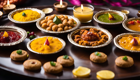 A beautifully arranged platter of various Indian dishes, showing the diversity of flavors and textures found in this vibrant cuisine.の写真素材