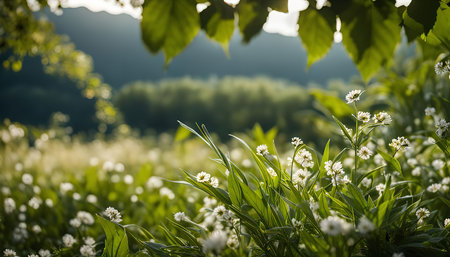 A close-up of a meadow with white wildflowers in bloom, bathed in warm sunlight, creating a serene and idyllic atmosphereの写真素材