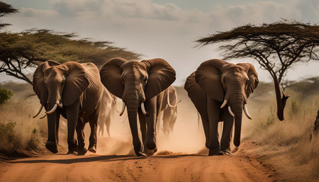 A herd of African elephants walking on a dirt path in the savannah. The elephants are in focus and the background is blurry.の写真素材