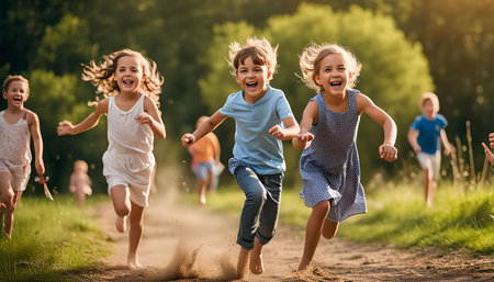 Children running and laughing happily together in a grassy field during a summer dayの写真素材