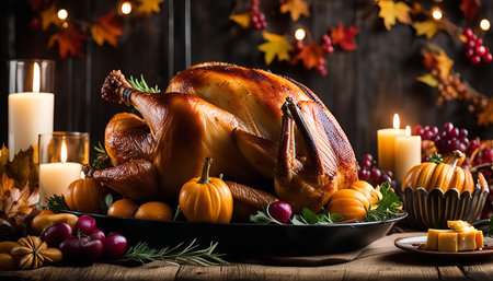 A beautifully roasted turkey sits on a platter surrounded by grapes, candles, and other festive decorations, creating a perfect Thanksgiving dinner scene.の写真素材