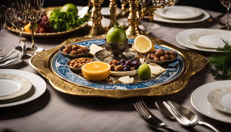 A close-up shot of a beautifully set table with a tray of snacks, including fruit, nuts, and cheese. The table is set with elegant silverware, plates, and napkins, all arranged in a formal and stylish manner.の写真素材