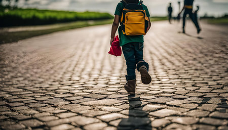 A young child with a backpack runs down a cobblestone street. The light from the setting sun illuminates the scene, casting long shadows on the pavement.の写真素材