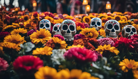 Close-up view of colorful sugar skulls as decorations for the Day of the Dead, surrounded by a vibrant array of autumnal flowers.の写真素材