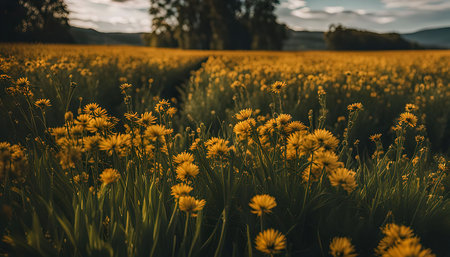 A picturesque view of a vast golden field of wildflowers basking in the warm glow of a setting sun.の写真素材