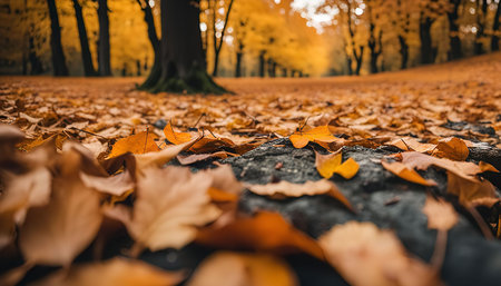 A low angle close up of fallen autumn leaves on the ground, the leaves are a vibrant yellow and brown, with a blurred background of trees in the forest.の写真素材