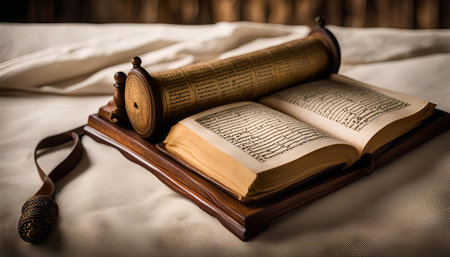 A close-up of an ancient book and scroll, suggesting wisdom, knowledge, and religious tradition.の写真素材