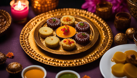 A table setting for a special occasion with Indian sweets and desserts presented on a golden plate.の写真素材