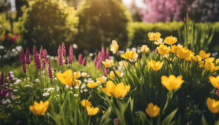 A vibrant and beautiful garden scene with yellow tulips in full bloom during spring. The flowers are surrounded by green foliage and bathed in warm sunshine, creating a feeling of peace and tranquility.の写真素材