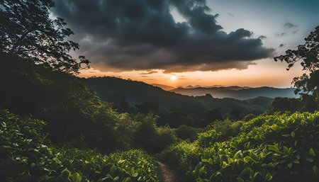 A breathtaking view of a sunset over lush green mountains, the golden light of the setting sun is casting a warm glow across the landscape.の写真素材