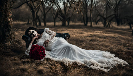 A bride in a white dress with skull makeup, lying on a couch in a forest. She is surrounded by trees and grass and the atmosphere is dark and mysterious.の写真素材