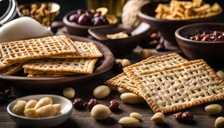 A close-up shot of a plate of crispy cookies and nuts, arranged on a wooden table.