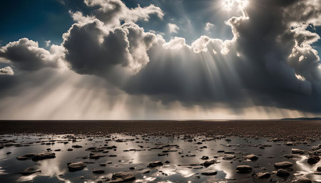 A dramatic skyscape with bright sun rays piercing through dark, stormy clouds. The horizon is flat with a calm sea reflecting the light.の写真素材