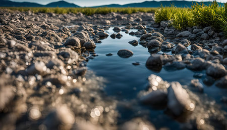 A small puddle reflecting the sky and the surrounding landscape. The puddle is surrounded by small rocks and stonesの写真素材