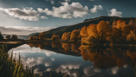 A tranquil lake reflects the golden autumn leaves of trees and a mountain range against a serene blue sky.の写真素材