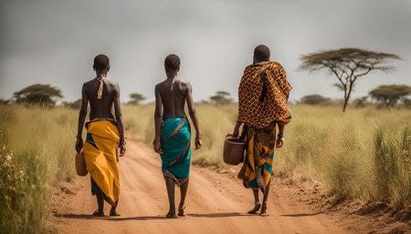 Three African men in traditional clothing walk along a dusty road in a savanna landscape. They are carrying water buckets, and the landscape is dry and dusty. The image captures the traditional culture and life of people in Africa.の写真素材