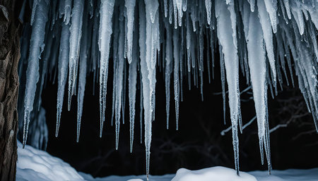 A close-up shot of icicles hanging from a cave entrance. The ice is crystal clear and has a blue tint. The background is dark and the ground is covered in snow.の写真素材