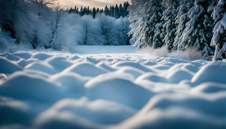 A snowy landscape with pine trees in the background. The snow is pristine and white, with a soft, fluffy texture. The trees are covered in snow, creating a beautiful winter scene.の写真素材