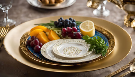 A beautiful table setting featuring a plate with a variety of fruits, including grapes, blueberries, a lemon wedge, and a pear. The plate is surrounded by gold accents and a blue and gold patterned charger.の写真素材