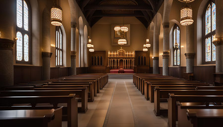A wide shot capturing the interior of a church. The wooden pews line the central aisle, leading toward the altar, a space adorned with stained glass windows. The light pours in, casting an ethereal glow on the sanctuary.の写真素材