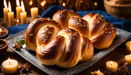 A delicious challah bread on a tray with candles and star aniseの写真素材