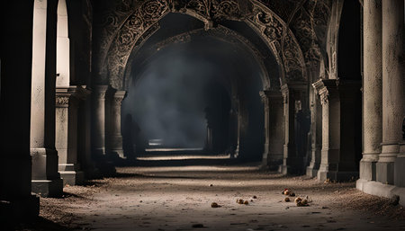 A long, dark hallway with ornate arches and columns leading into the unknown. The soft light and shadows create a mysterious and intriguing atmosphereの写真素材