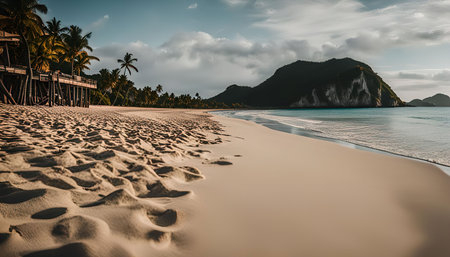 A serene tropical beach with white sand and clear blue water, framed by a lush green mountain and palm trees. A perfect getaway destination.の写真素材
