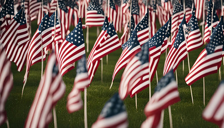 A field of American flags waving in the wind, showing the patriotic spirit and symbolism of the stars and stripes.の写真素材