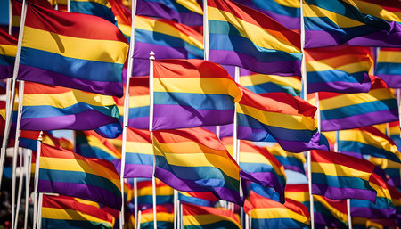 A close-up shot of a multitude of rainbow pride flags waving in the wind, symbolizing diversity, inclusion, and LGBTQ+ pride.の写真素材