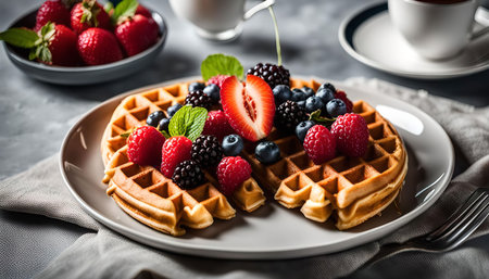 Close up of a plate of waffles topped with fresh blueberries, raspberries, strawberries, and blackberries. A perfect breakfast or dessert.の写真素材