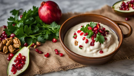 Close up of a creamy white dish topped with pomegranate seeds and parsley. The dish is served in a bowl and is surrounded by other ingredients, including pomegranate arils and nuts.の写真素材