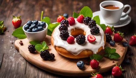 A glazed donut with fresh berries and mint leaves, on a wooden table with a cup of coffeeの写真素材