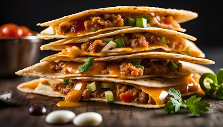 A close-up of a stack of quesadillas filled with meat, vegetables, and cheese, with melted cheese dripping down the sides.の写真素材