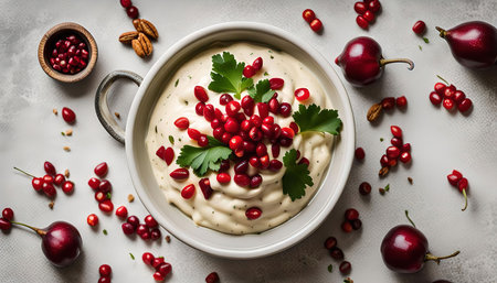 A white bowl filled with a creamy dip topped with bright red pomegranate seeds and fresh parsley. Scattered around the bowl are more pomegranate seeds, a few red cherries, and other small nuts.の写真素材